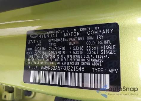 2019 Hyundai Kona Limited z USA, uszkodzony, nr VIN KM8K33A57KU221548